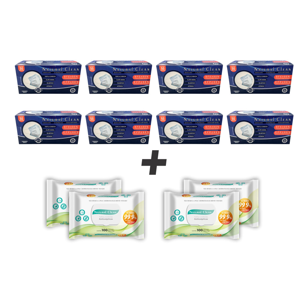 Kit-400-Mascaras-Natural-Clean---4-pacotes-toalha-umedecida-antisseptica-100un
